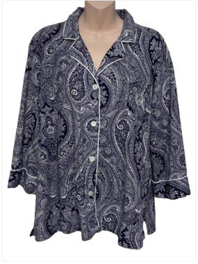Lauren Ralph Lauren Shirt Womens XLarge Navy Blue White Paisley Piped Pajama Top
